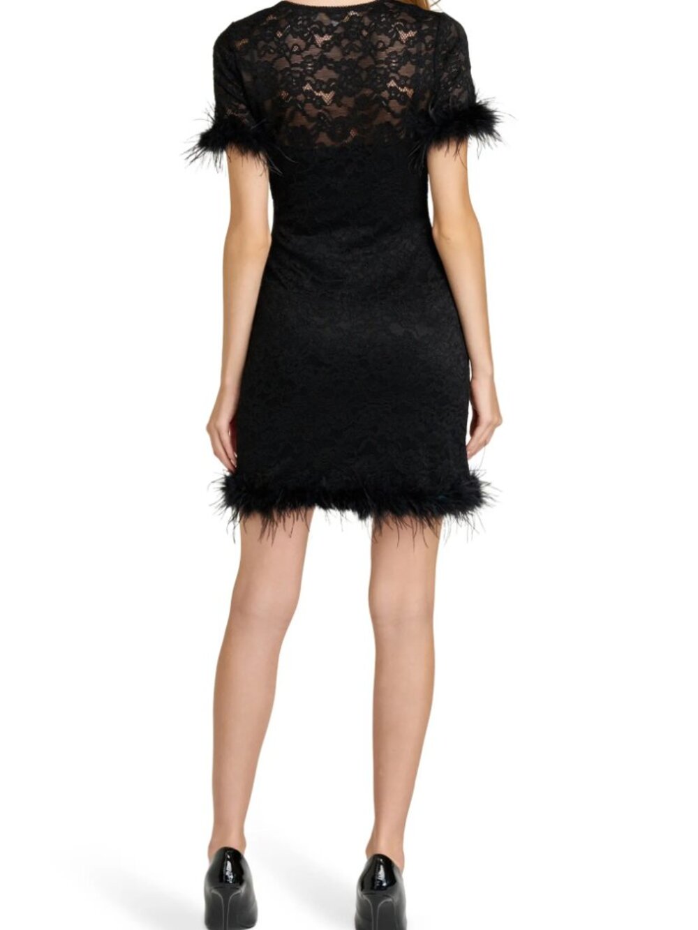NWT WAYF Alina Ostrich Feather Floral Lace Minidress Black L - Picture 10 of 14